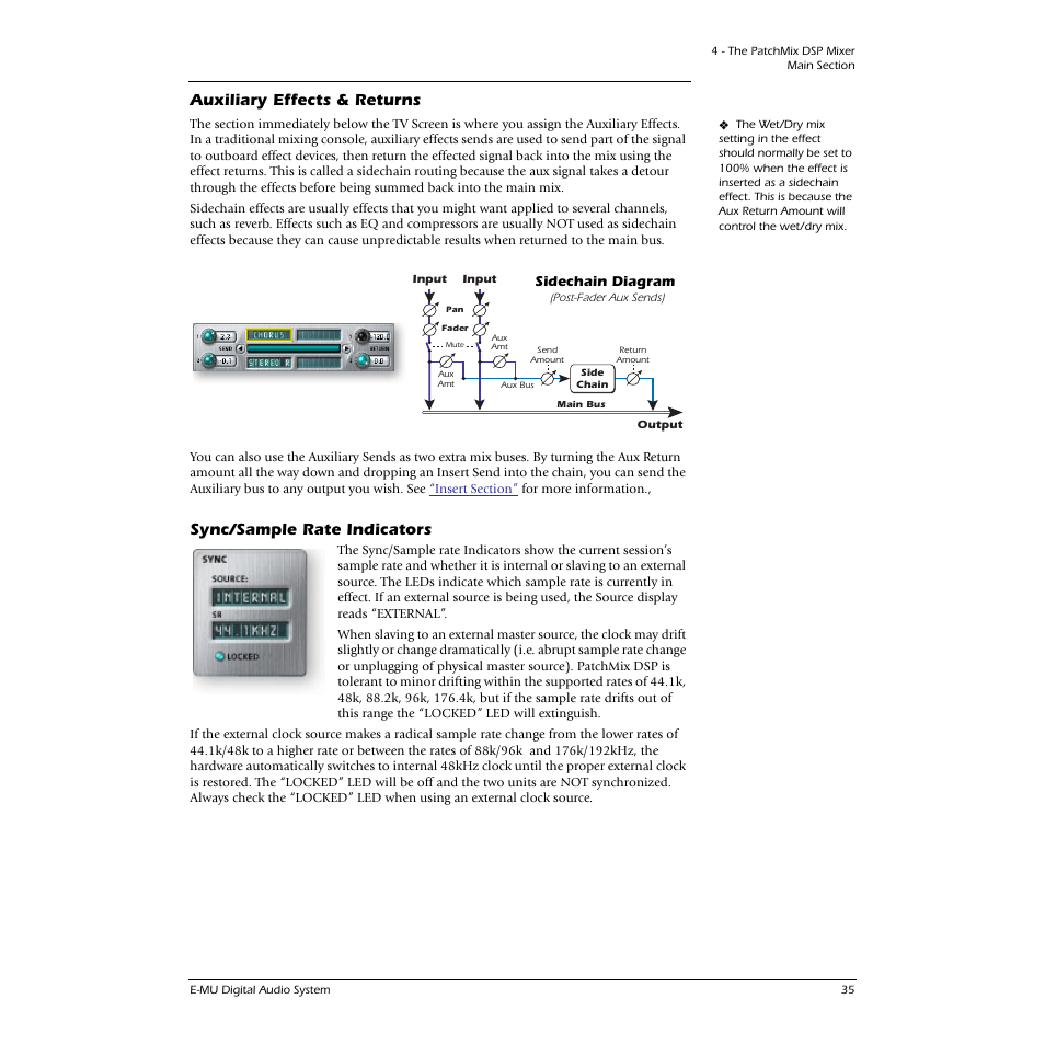 Auxiliary effects & returns, Sidechain diagram, Sync/sample rate indicators | E-MU 0404 PCI User Manual | Page 43 / 96