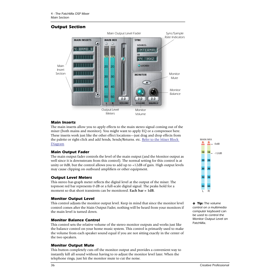 Output section, Main inserts, Main output fader | Output level meters, Monitor output level, Monitor balance control, Monitor output mute | E-MU 0404 PCI User Manual | Page 44 / 96