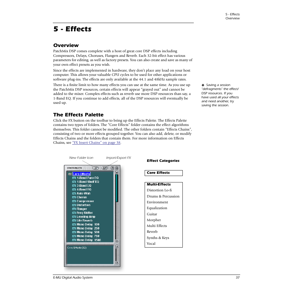 5 - effects, Overview, The effects palette | Overview the effects palette, See “the effects palette | E-MU 0404 PCI User Manual | Page 45 / 96