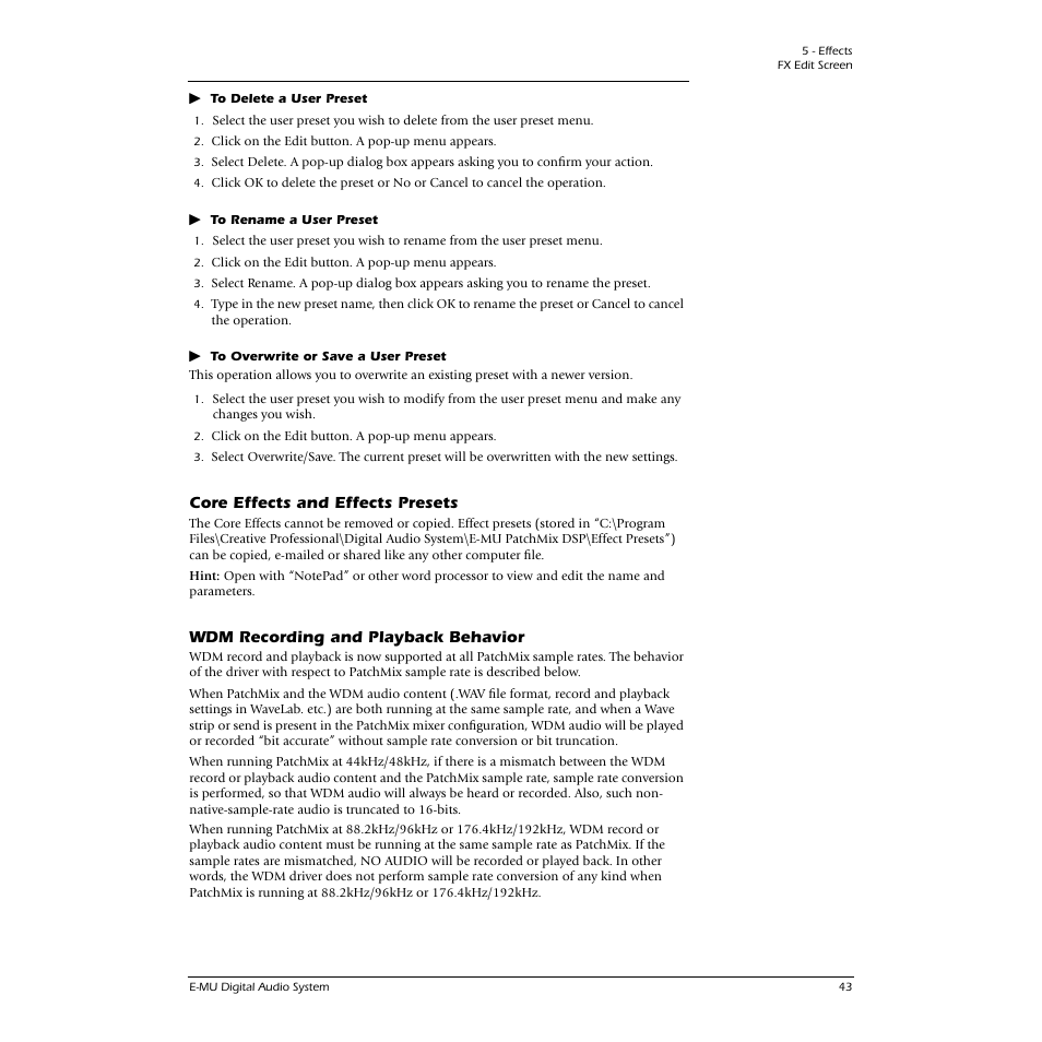Core effects and effects presets, Wdm recording and playback behavior | E-MU 0404 PCI User Manual | Page 51 / 96