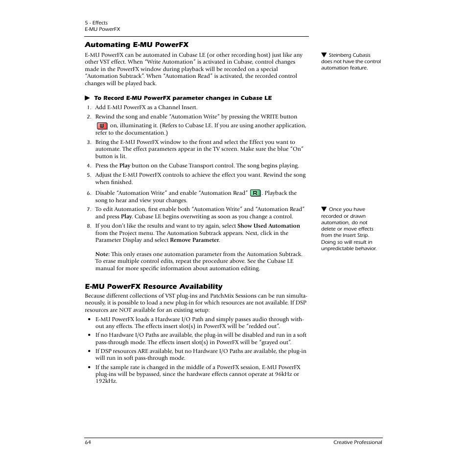 Automating e-mu powerfx, E-mu powerfx resource availability | E-MU 0404 PCI User Manual | Page 72 / 96