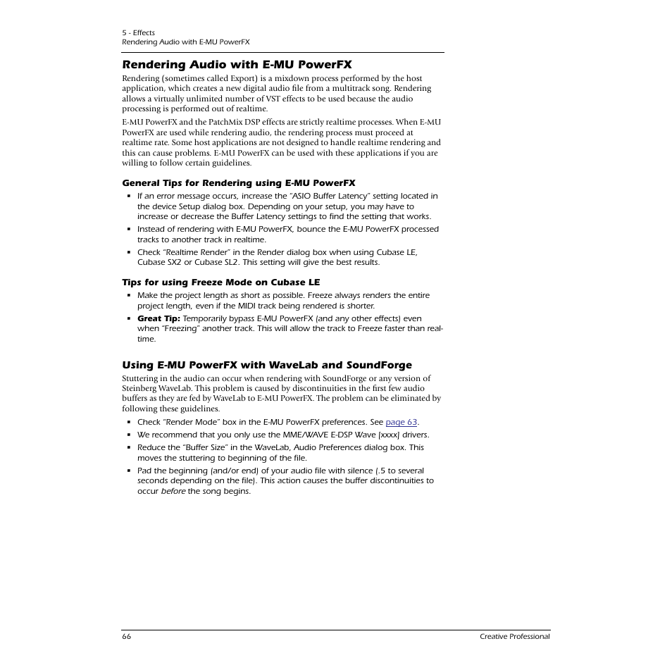 Rendering audio with e-mu powerfx, General tips for rendering using e-mu powerfx, Tips for using freeze mode on cubase le | Using e-mu powerfx with wavelab and soundforge | E-MU 0404 PCI User Manual | Page 74 / 96