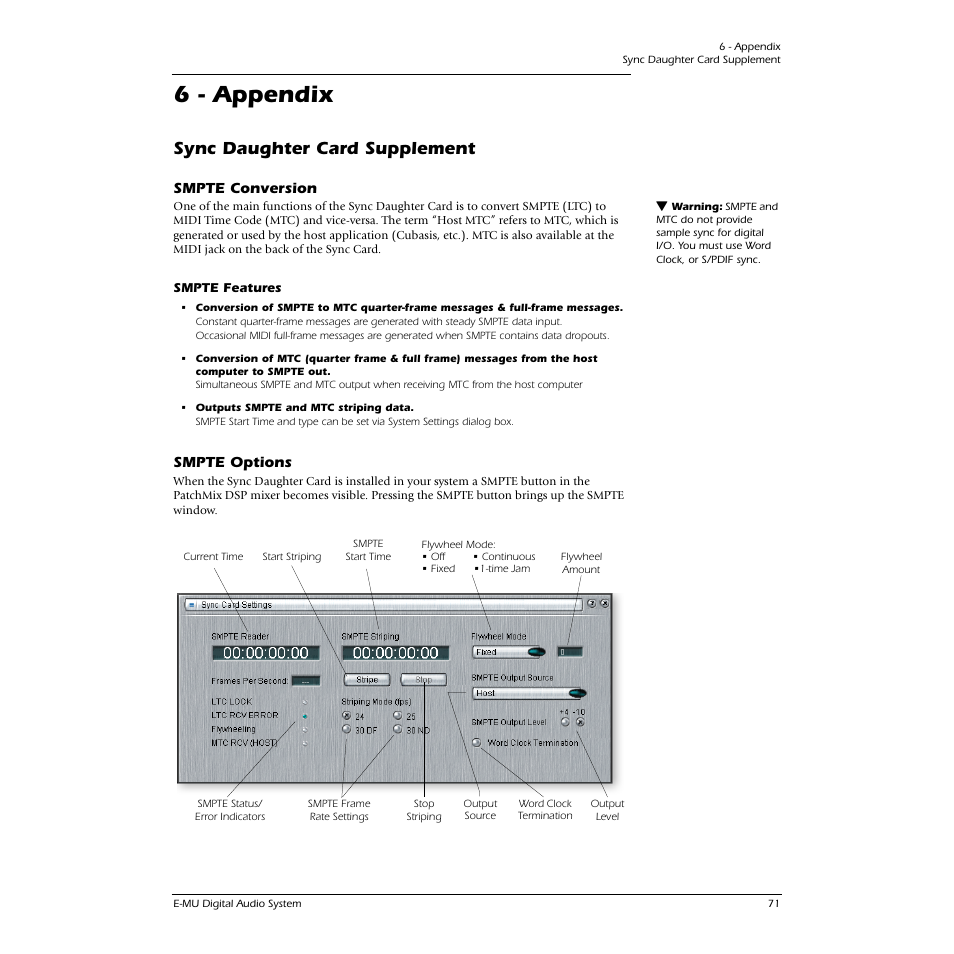 6 - appendix, Sync daughter card supplement, Smpte conversion | Smpte features, Smpte options, See the, For more information about using the sync | E-MU 0404 PCI User Manual | Page 79 / 96