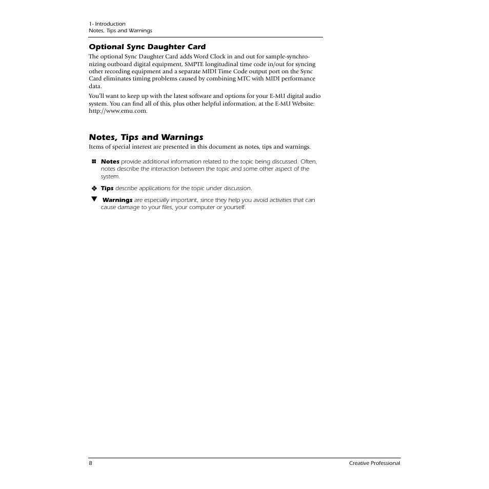 Optional sync daughter card, Notes, tips and warnings | E-MU 0404 PCI User Manual | Page 8 / 96
