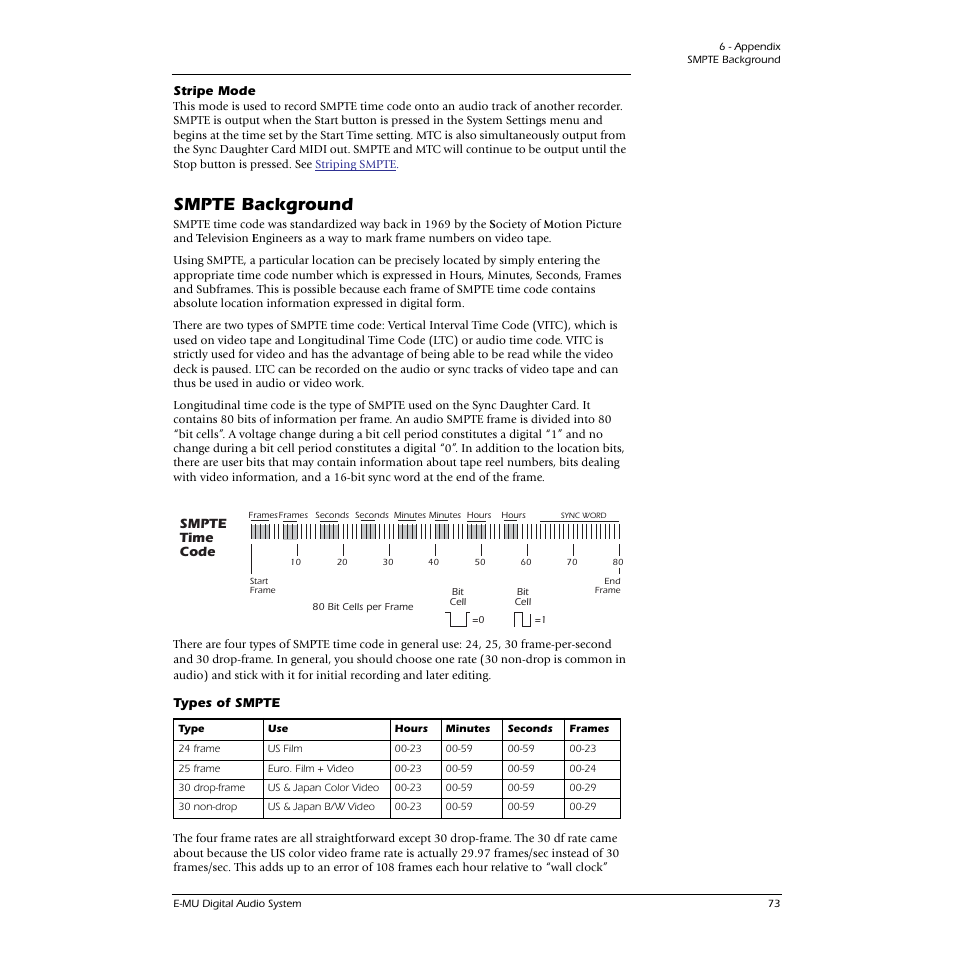 Stripe mode, Smpte background, Types of smpte | Smpte, Background, For more information | E-MU 0404 PCI User Manual | Page 81 / 96