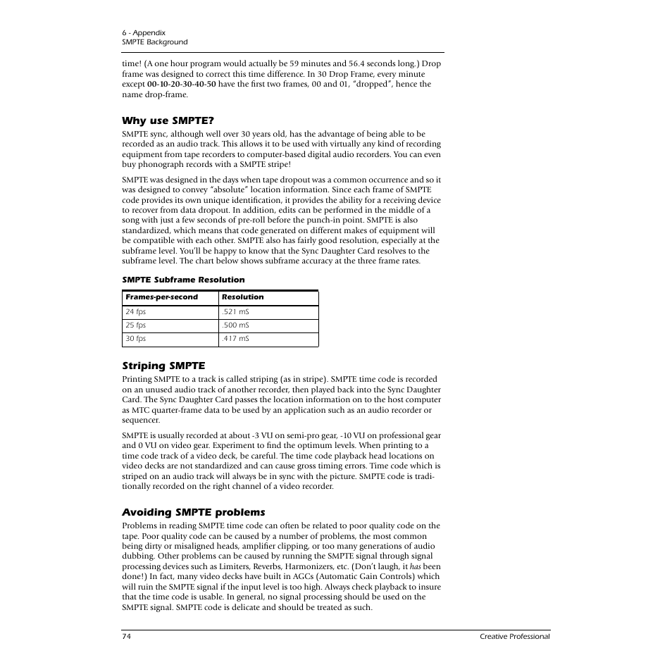 Why use smpte, Striping smpte, Avoiding smpte problems | E-MU 0404 PCI User Manual | Page 82 / 96
