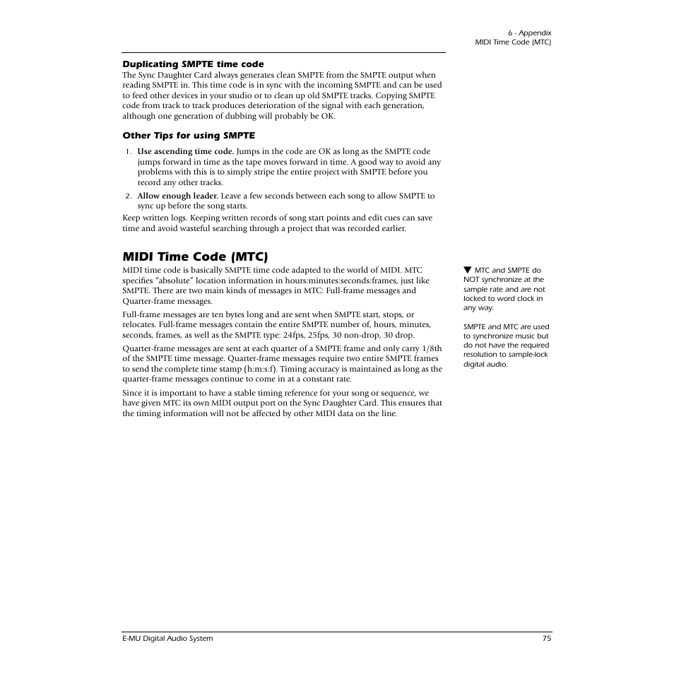 Duplicating smpte time code, Other tips for using smpte, Midi time code (mtc) | Find more information about midi, see | E-MU 0404 PCI User Manual | Page 83 / 96