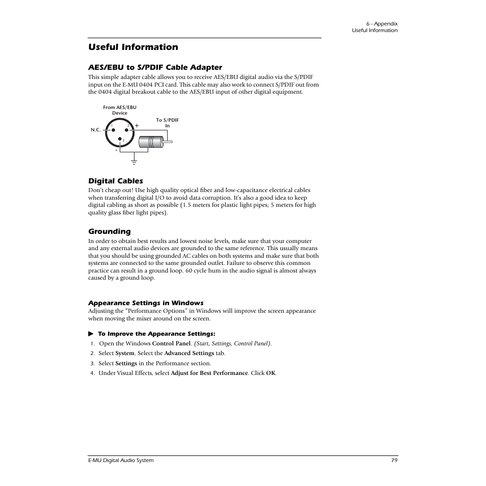 Useful information, Aes/ebu to s/pdif cable adapter, Digital cables | Grounding, Appearance settings in windows, See aes/ebu to s/pdif cable adapter | E-MU 0404 PCI User Manual | Page 87 / 96