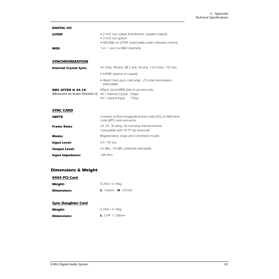 Dimensions & weight | E-MU 0404 PCI User Manual | Page 89 / 96