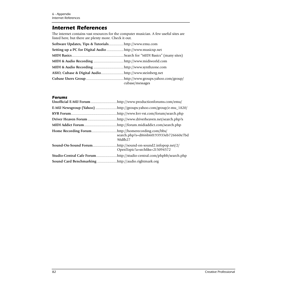 Internet references, Forums | E-MU 0404 PCI User Manual | Page 90 / 96