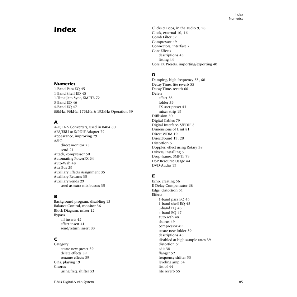 Index | E-MU 0404 PCI User Manual | Page 93 / 96