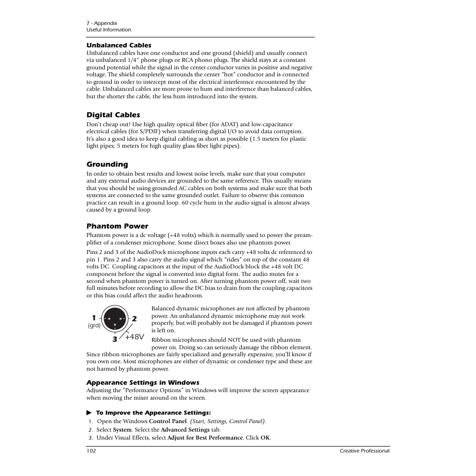 Unbalanced cables, Digital cables, Grounding | Phantom power, Appearance settings in windows, Digital cables grounding phantom power, Er is enabled, See phantom, Power, For additional information | CREATIVE 1212M User Manual | Page 102 / 120