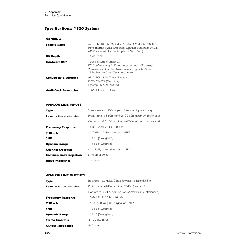 Specifications: 1820 system | CREATIVE 1212M User Manual | Page 106 / 120