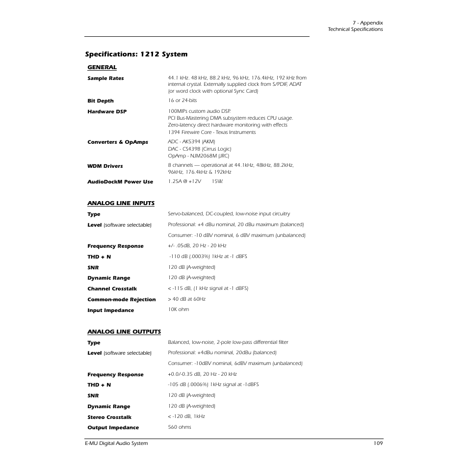 Specifications: 1212 system | CREATIVE 1212M User Manual | Page 109 / 120