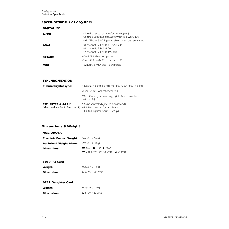 Dimensions & weight, Specifications: 1212 system | CREATIVE 1212M User Manual | Page 110 / 120