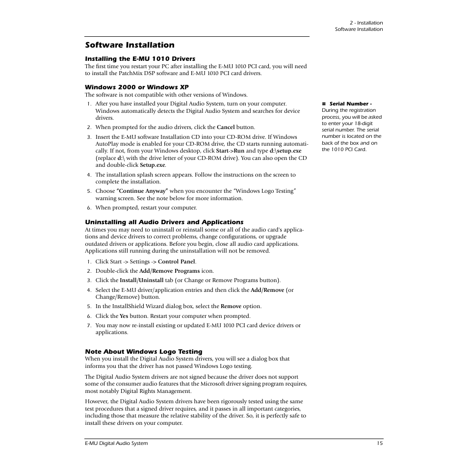 Software installation, Installing the e-mu 1010 drivers, Windows 2000 or windows xp | Uninstalling all audio drivers and applications, Note about windows logo testing | CREATIVE 1212M User Manual | Page 15 / 120