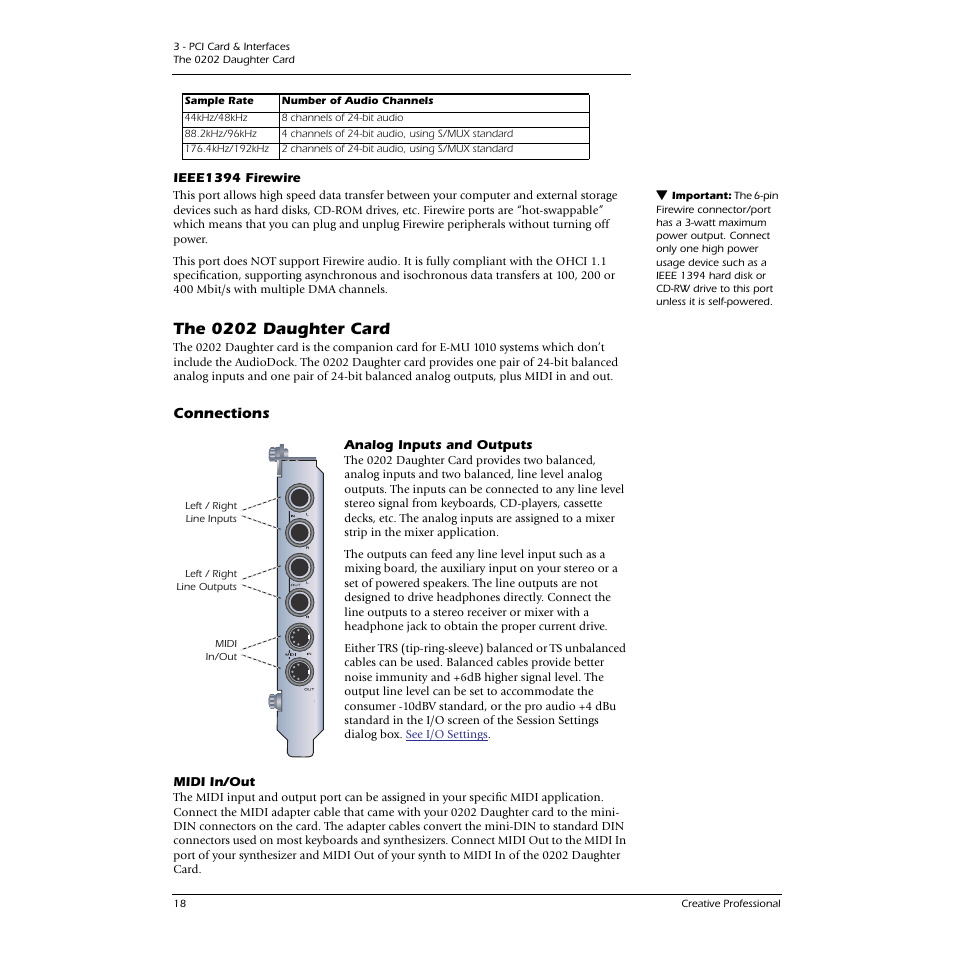 Ieee1394 firewire, The 0202 daughter card, Connections | Analog inputs and outputs, Midi in/out, Analog inputs and outputs midi in/out | CREATIVE 1212M User Manual | Page 18 / 120