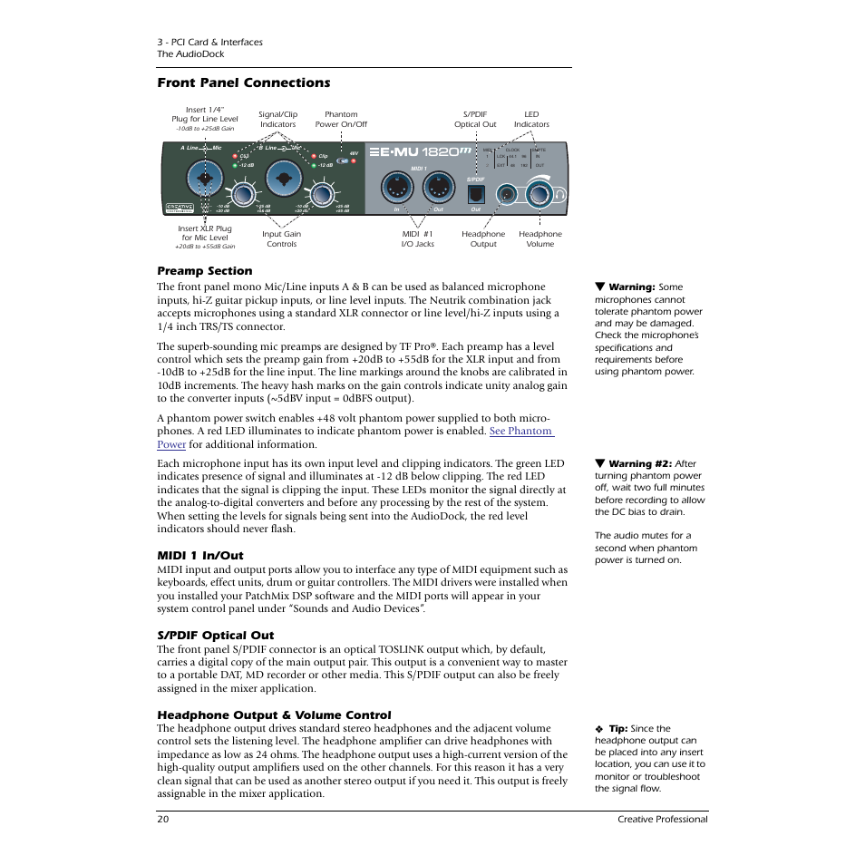 Front panel connections, Preamp section, Midi 1 in/out | S/pdif optical out, Headphone output & volume control | CREATIVE 1212M User Manual | Page 20 / 120