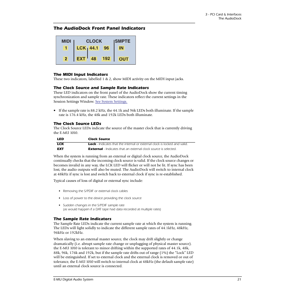 The audiodock front panel indicators, The midi input indicators, The clock source and sample rate indicators | The clock source leds, The sample rate indicators | CREATIVE 1212M User Manual | Page 21 / 120