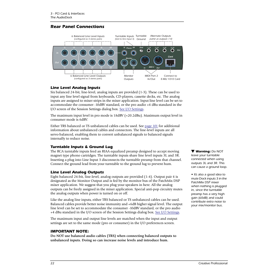 Rear panel connections, Line level analog inputs, Turntable inputs & ground lug | Line level analog outputs | CREATIVE 1212M User Manual | Page 22 / 120