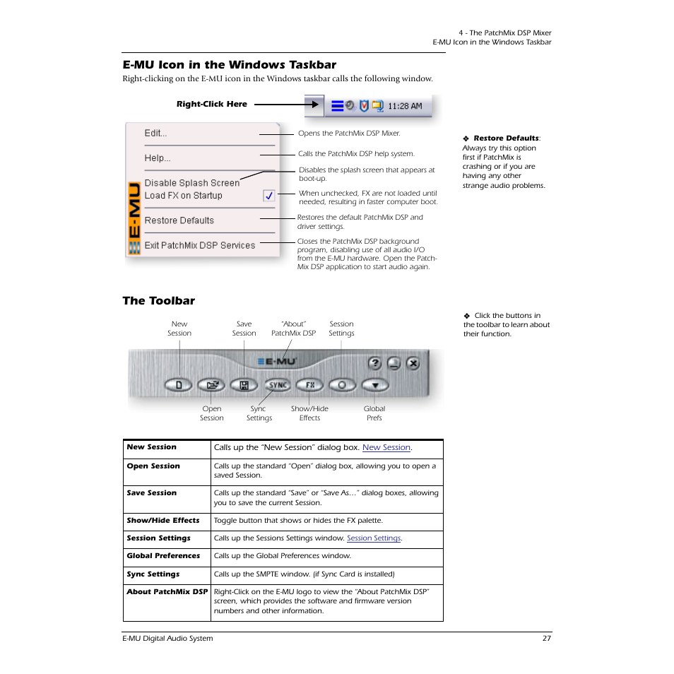 E-mu icon in the windows taskbar, The toolbar, E-mu icon in the windows taskbar the toolbar | CREATIVE 1212M User Manual | Page 27 / 120