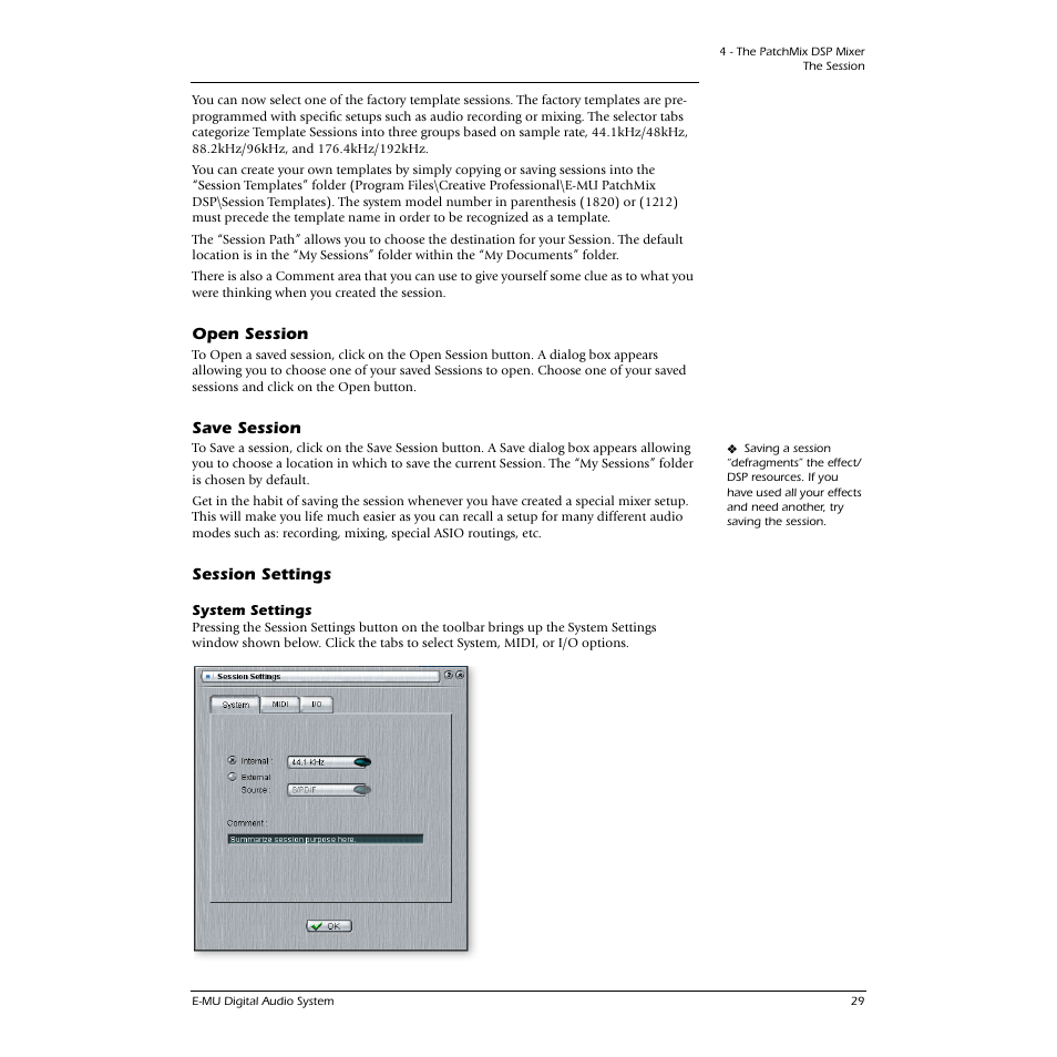 Open session, Save session, Session settings | System settings, Open session save session session settings, See system settings, Optical connections ha | CREATIVE 1212M User Manual | Page 29 / 120