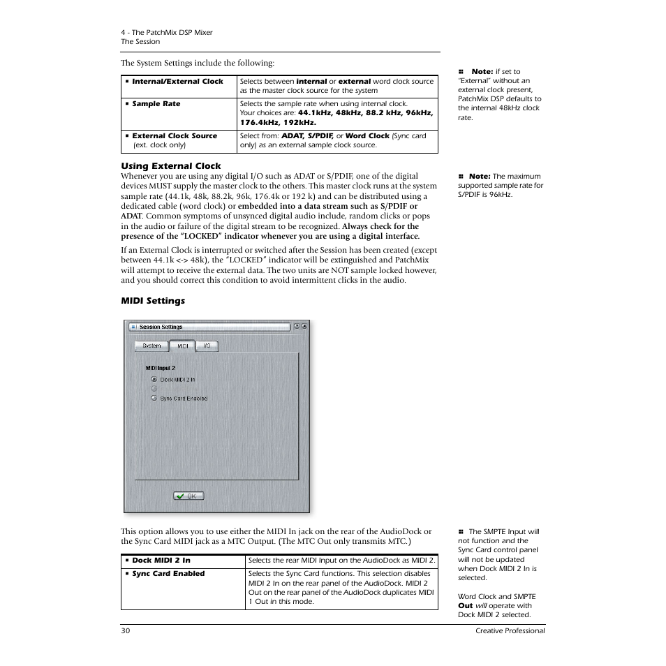 Using external clock, Midi settings, Using external clock midi settings | CREATIVE 1212M User Manual | Page 30 / 120