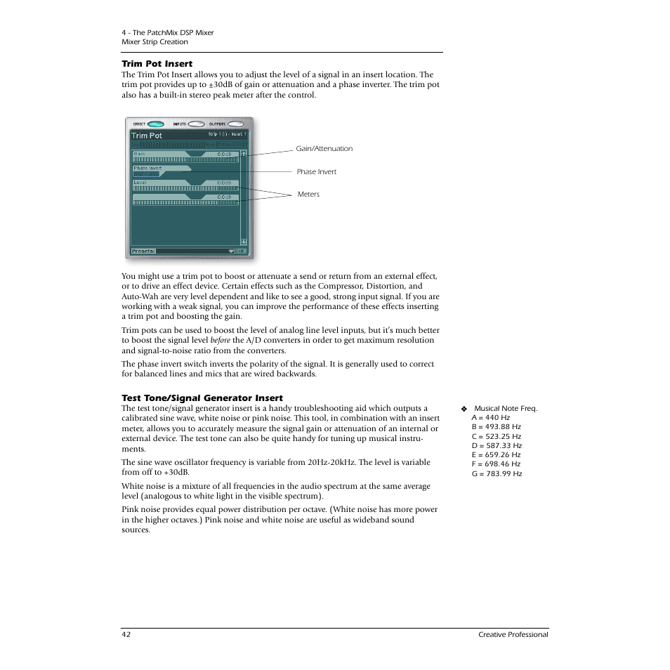 Trim pot insert, Test tone/signal generator insert, Trim pot insert test tone/signal generator insert | See “trim pot insert, See “test tone/signal generator insert | CREATIVE 1212M User Manual | Page 42 / 120