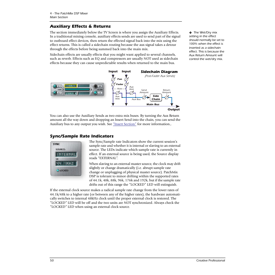 Auxiliary effects & returns, Sidechain diagram, Sync/sample rate indicators | CREATIVE 1212M User Manual | Page 50 / 120