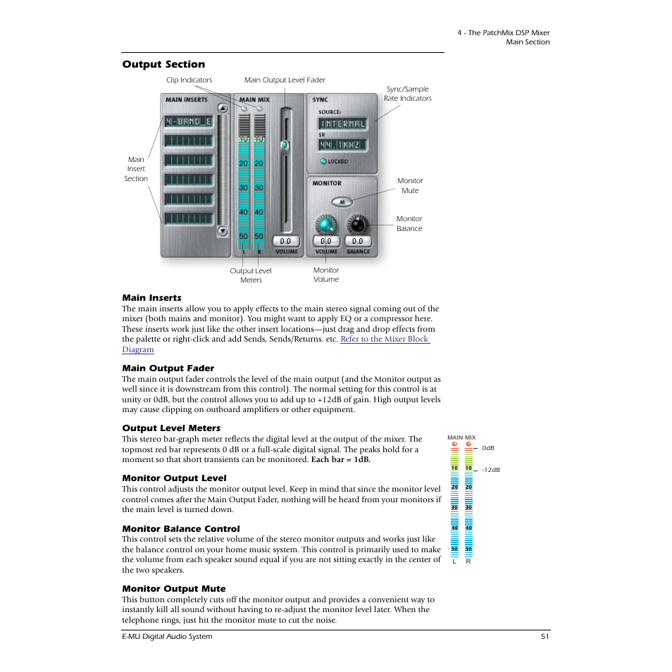 Output section, Main inserts, Main output fader | Output level meters, Monitor output level, Monitor balance control, Monitor output mute | CREATIVE 1212M User Manual | Page 51 / 120