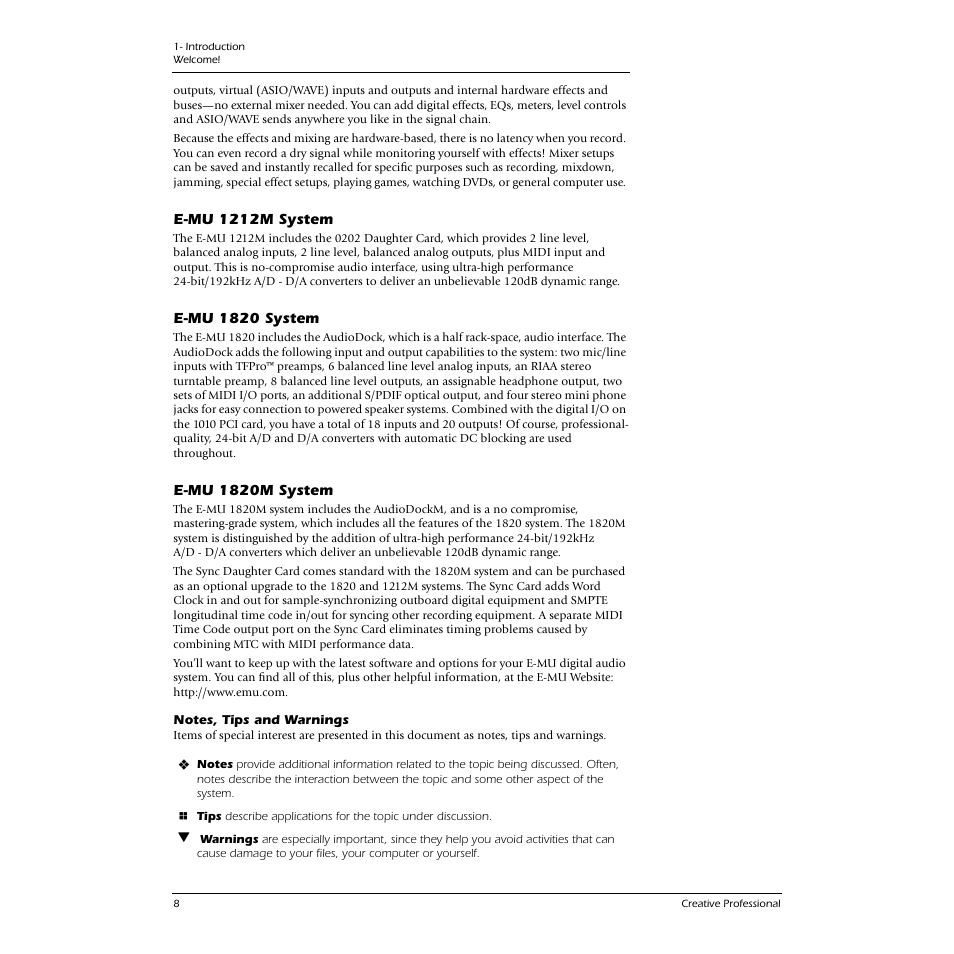 E-mu 1212m system, E-mu 1820 system, E-mu 1820m system | Notes, tips and warnings | CREATIVE 1212M User Manual | Page 8 / 120