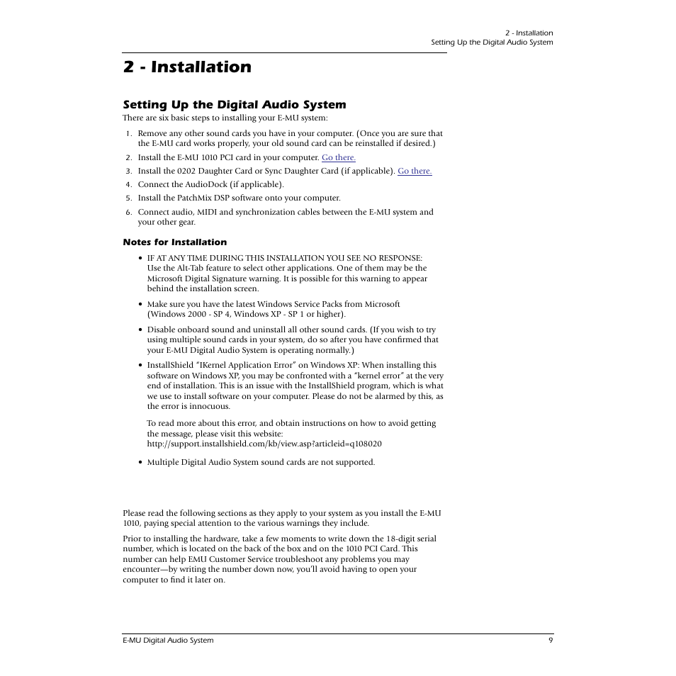 2 - installation, Setting up the digital audio system, Notes for installation | CREATIVE 1212M User Manual | Page 9 / 120