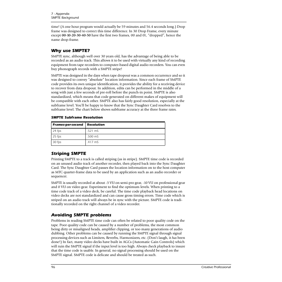 Why use smpte, Striping smpte, Avoiding smpte problems | CREATIVE 1212M User Manual | Page 96 / 120