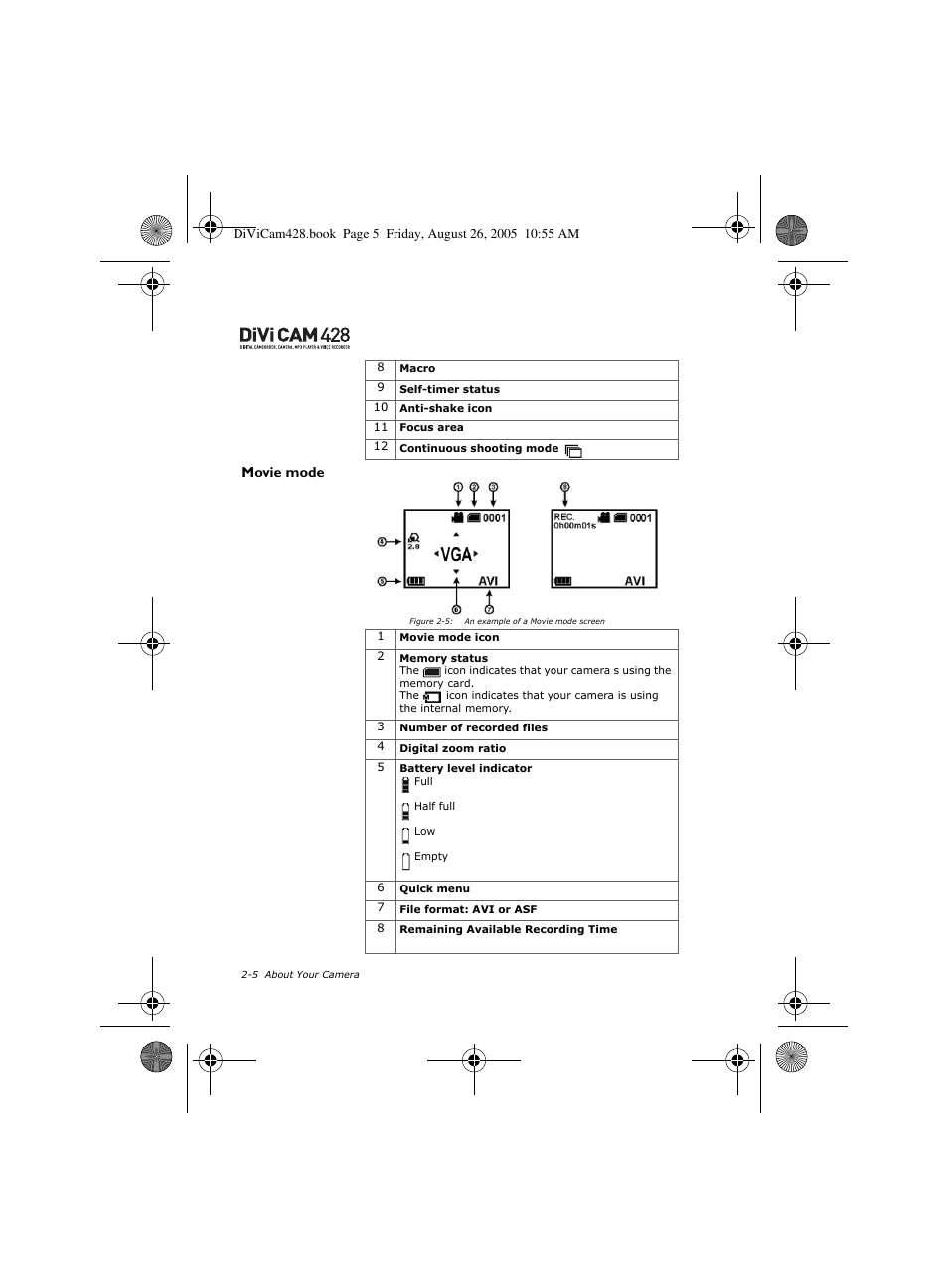Movie mode | CREATIVE Divi Cam 428 User Manual | Page 12 / 36