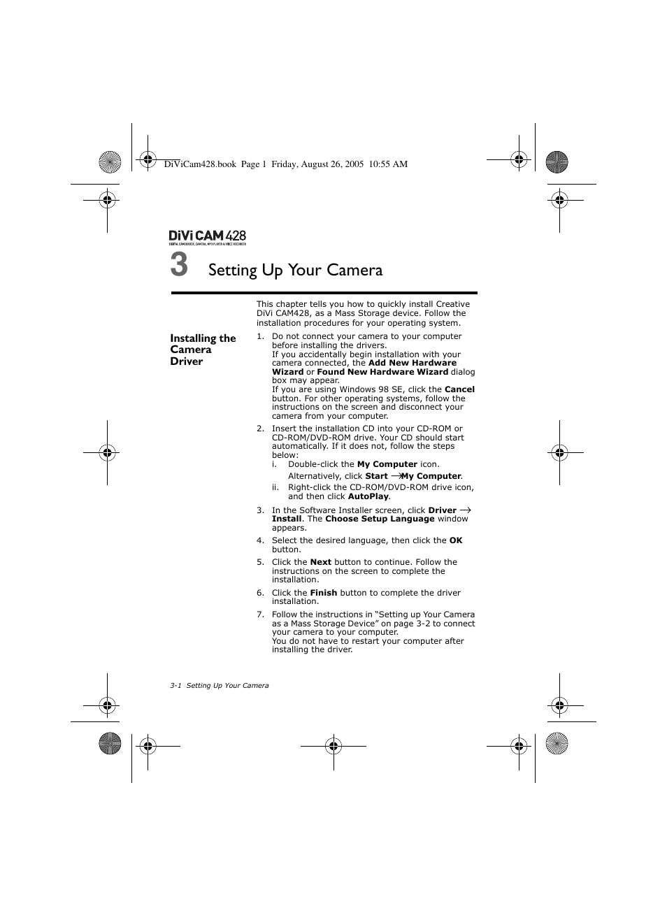 Setting up your camera, Installing the camera driver | CREATIVE Divi Cam 428 User Manual | Page 16 / 36