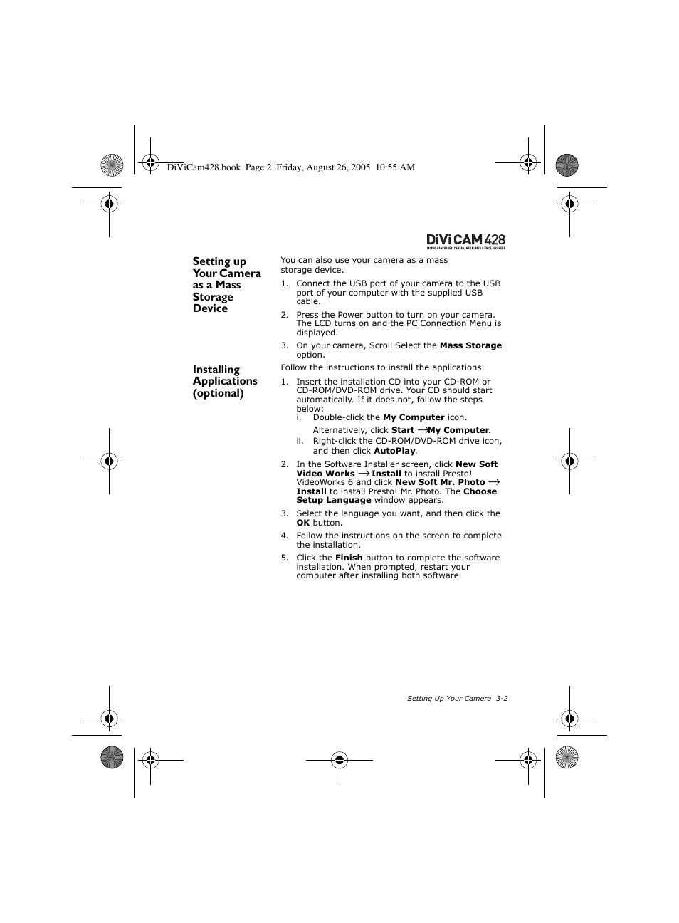 Setting up your camera as a mass storage device, Installing applications (optional) | CREATIVE Divi Cam 428 User Manual | Page 17 / 36