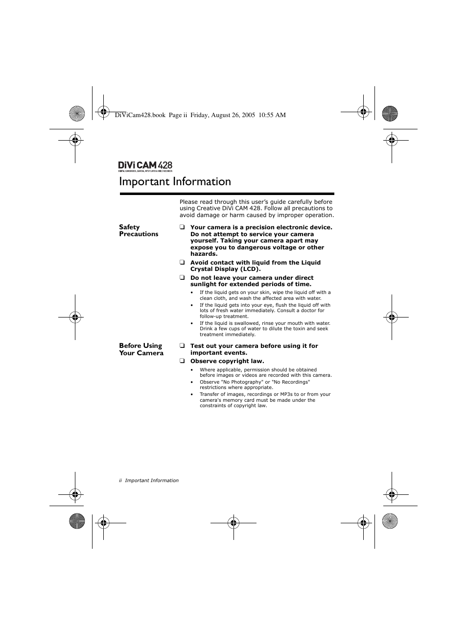 Important information | CREATIVE Divi Cam 428 User Manual | Page 2 / 36