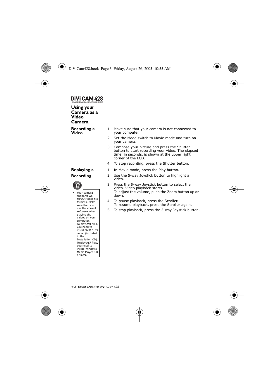 Using your camera as a video camera | CREATIVE Divi Cam 428 User Manual | Page 22 / 36
