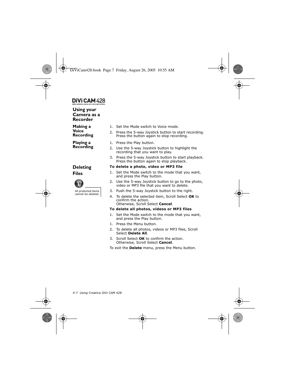 Using your camera as a recorder, Deleting files | CREATIVE Divi Cam 428 User Manual | Page 26 / 36