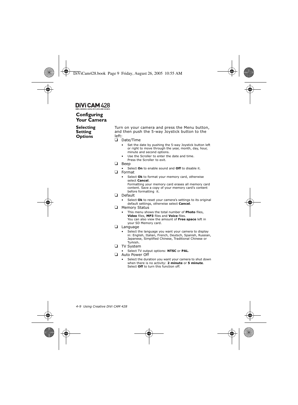 Configuring your camera, Selecting setting options | CREATIVE Divi Cam 428 User Manual | Page 28 / 36
