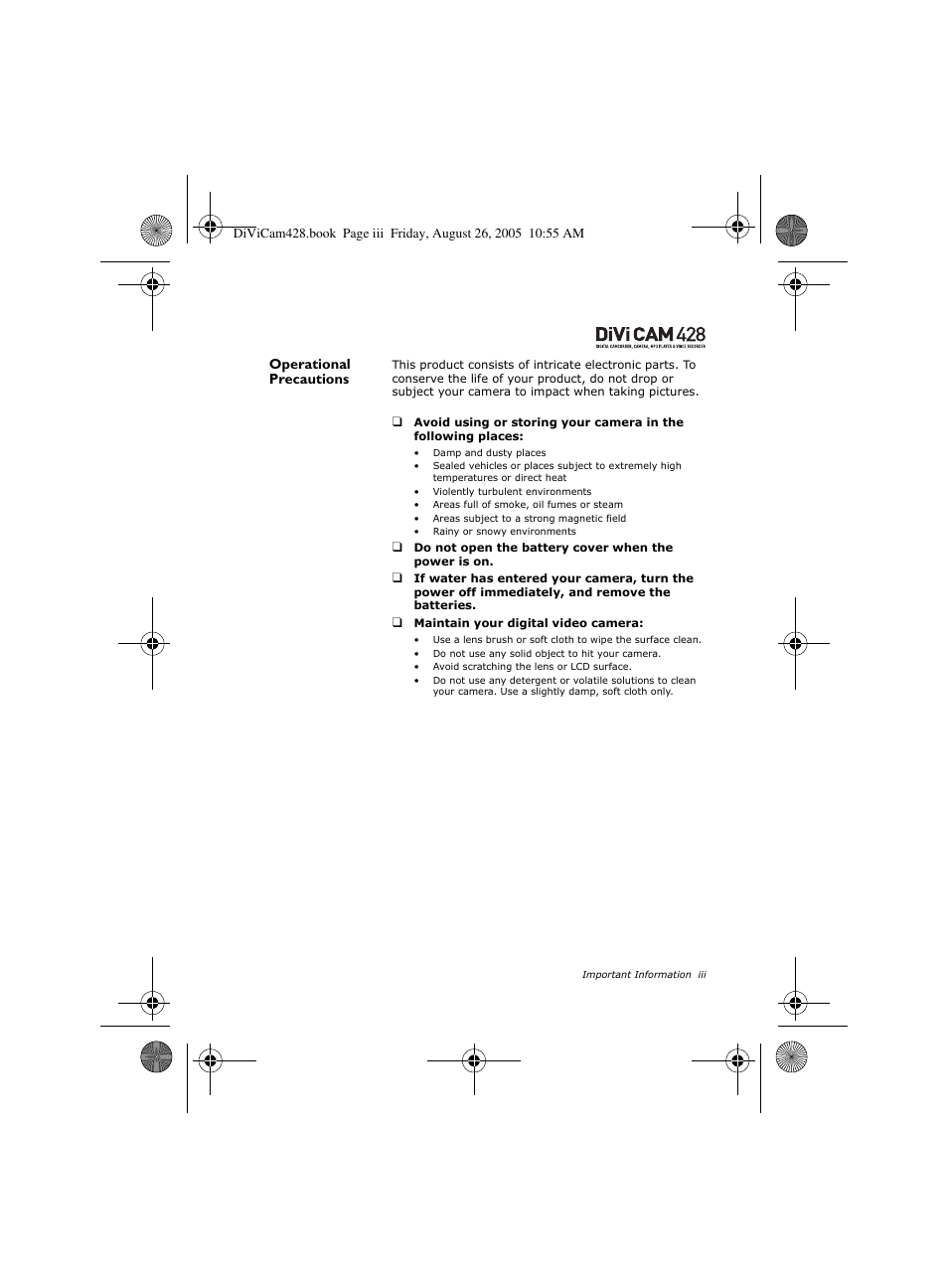 Operational precautions | CREATIVE Divi Cam 428 User Manual | Page 3 / 36