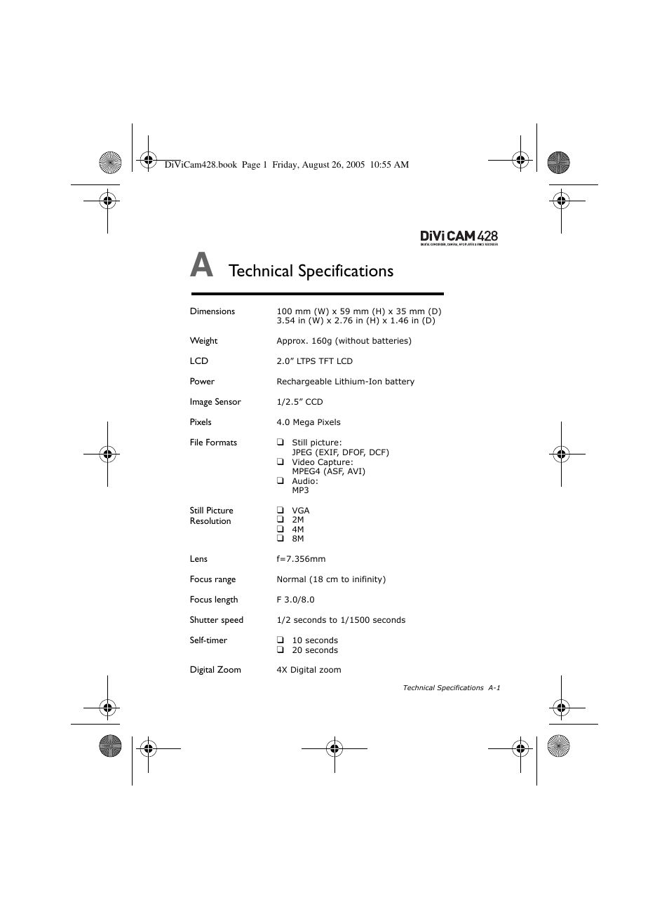 Technical specifications | CREATIVE Divi Cam 428 User Manual | Page 31 / 36