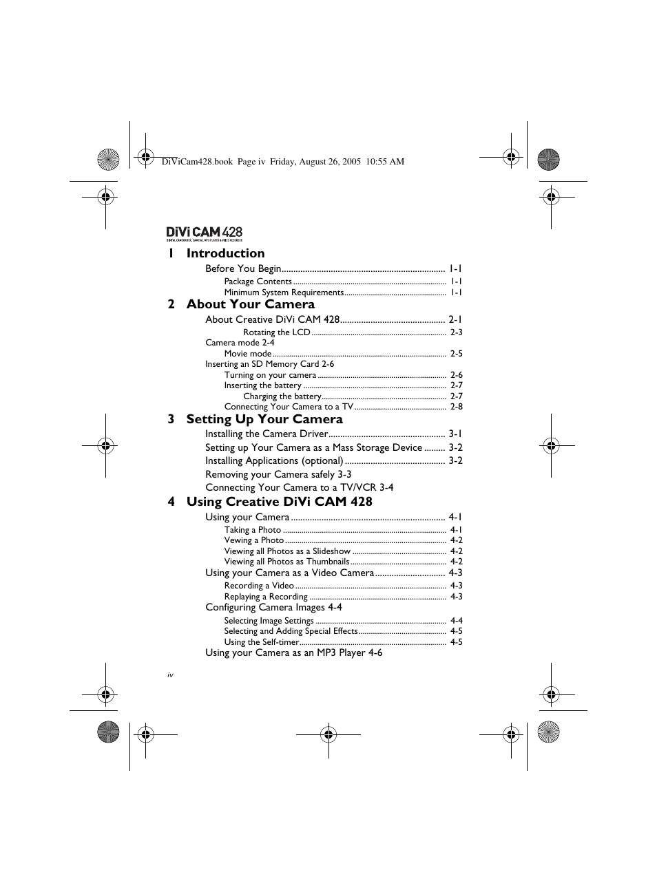1 introduction, 2 about your camera, 3 setting up your camera | 4 using creative divi cam 428 | CREATIVE Divi Cam 428 User Manual | Page 4 / 36