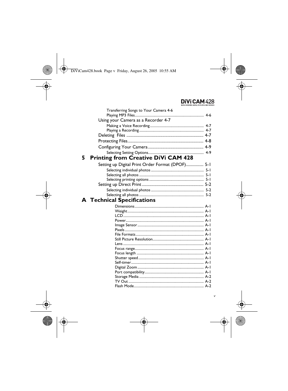 5 printing from creative divi cam 428, A technical specifications | CREATIVE Divi Cam 428 User Manual | Page 5 / 36
