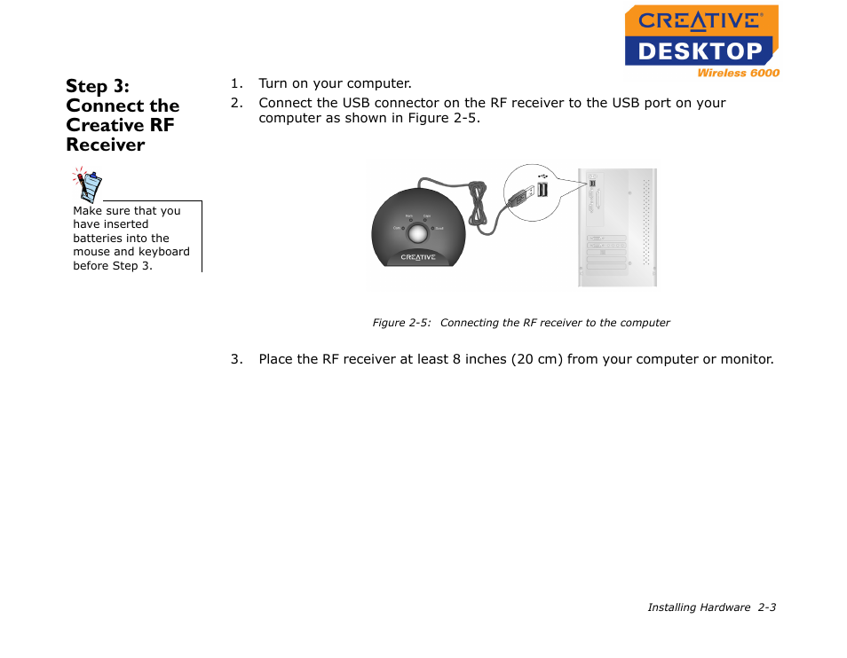 Step 3: connect the creative rf receiver, Step 3: connect the creative rf receiver -3 | CREATIVE Desktop Wireless 6000 User Manual | Page 18 / 35
