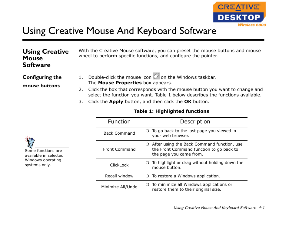 Using creative mouse software, Configuring the mouse buttons, Using creative mouse software -1 | Configuring the mouse buttons -1, Using creative mouse and keyboard software | CREATIVE Desktop Wireless 6000 User Manual | Page 24 / 35