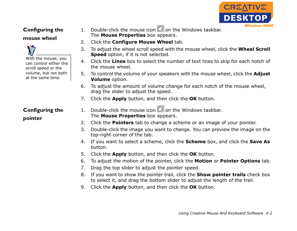 Configuring the mouse wheel, Configuring the pointer, Configuring the mouse wheel -2 | Configuring the pointer -2 | CREATIVE Desktop Wireless 6000 User Manual | Page 25 / 35