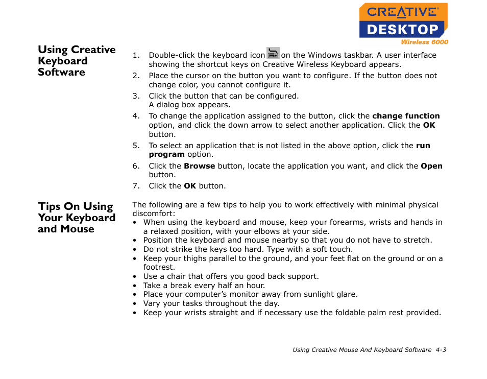 Using creative keyboard software, Tips on using your keyboard and mouse | CREATIVE Desktop Wireless 6000 User Manual | Page 26 / 35
