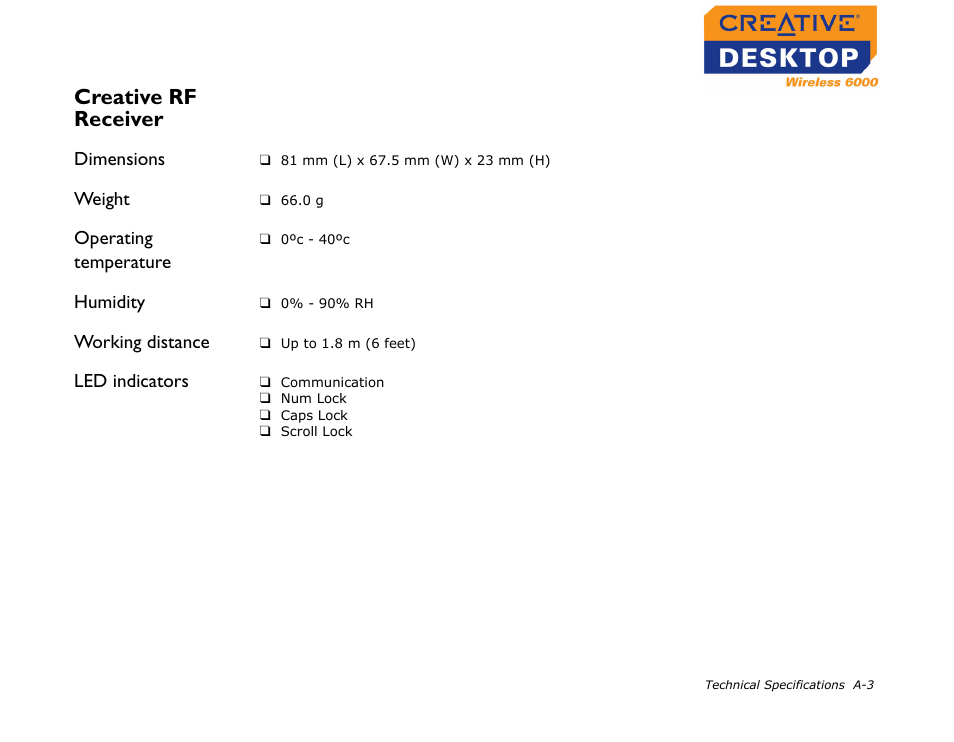 Creative rf receiver, Dimensions, Weight | Operating temperature, Humidity, Working distance, Led indicators | CREATIVE Desktop Wireless 6000 User Manual | Page 30 / 35