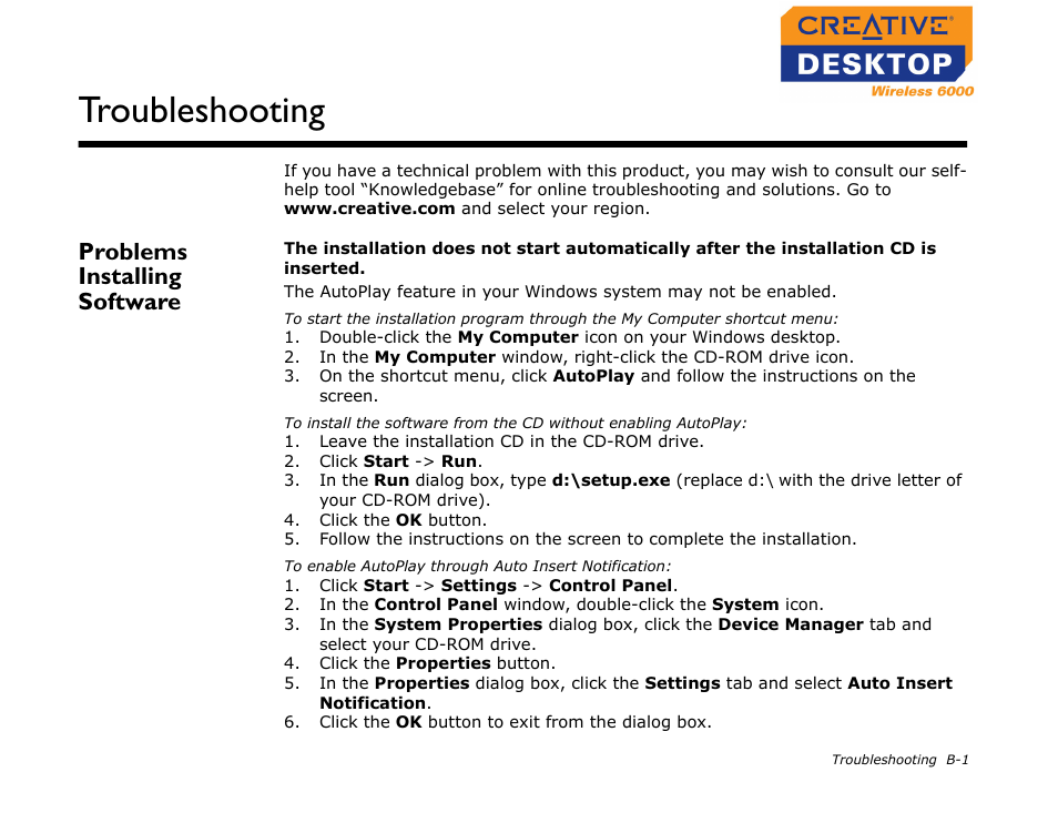 Problems installing software, Troubleshooting | CREATIVE Desktop Wireless 6000 User Manual | Page 32 / 35